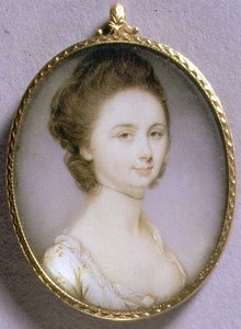 Muotokuvaminiatyyri naisesta valkoisessa puvussa, n. 1780-85 (akvarelli norsunluun päälle). tekijältä Jeremiah Meyer