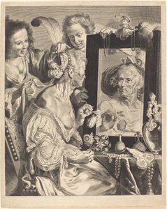 Vanha nainen wc-pöydän ääressä tekijältä Jeremias Falck after Johann Liss after Bernardo Strozzi