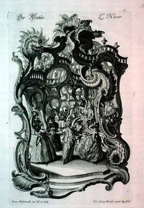 Winter, rococo music sheet na naglalarawan ng isang magarbong damit na bola, pub. ni Johann Georg Hertelfinn tekijältä Jeremias Wachsmuth