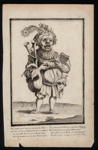 Mies kantaa säkkipillisarjaa ja päällään riikinkukon höyhenpäähine, surrealistinen pukuprintti, c1700 (kaiverrus) tekijältä Jeremias Wolff