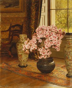 Azalea japanilaisessa kulhossa, kiinalaisia maljakoita itämaisella matolla, sisätiloissa
