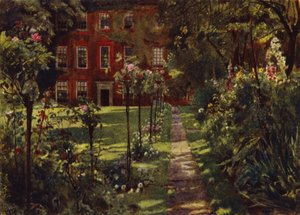Walpole House, Näkymä taloon ja puutarhaan (väri litho)