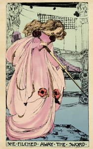 Fairy Morgane varastaa Excaliburin rakastajalleen käyttääkseen sitä kuningas Arthuria vastaan. Jessie Marion Kingin (1875-1949) kuvitus Sebastian Evansin (1830) kirjaan "Pyhän Graalin korkea historia, Perceval the Welsh, pyöreän pöydän ritari"