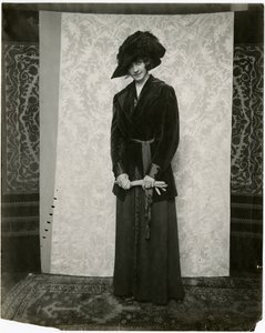 Punainen samettipuku harmonikalaskoshameella, Arnold & Constable, n. 1905-1918 (gelatiinihopea kuva) tekijältä Jessie Tarbox Beals