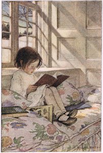 Tyttö lukee Robert Louis Stevensonin kirjaa A Child