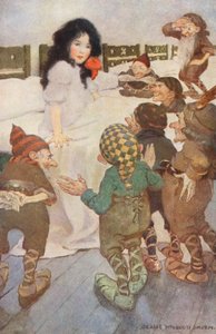 Lumikukka ja seitsemän pientä kääpiötä (värilitografia) tekijältä Jessie Willcox Smith