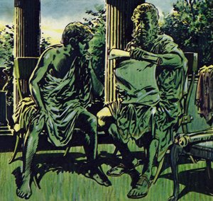 Filippos sai Aristoteleen opastamaan poikaansa (värilitografia). tekijältä Jesus Blasco