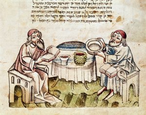 Juutalaisuus: "" kaksi rabbia viettää pääsiäistä seder-seremonialla"" Miniatyyri Mahzorista (hepreaksi rukouskirja) 1400-luvun Parma, Biblioteca Palatina tekijältä Jewish School