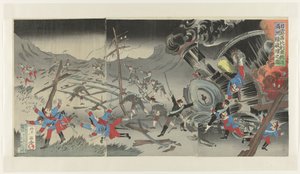 Rautatien tuhoutuminen Mantsuriassa Venäjän ja Japanin sodan aikana Nichiro Shiberia tetsudô Manshûsen hakai no zu (otsikko esineessä) tekijältä Jinsai Rosetsu