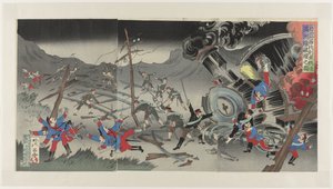 Rautatien tuhoutuminen Mantsuriassa Venäjän ja Japanin sodan aikana Nichiro Shiberia tetsudô Manshûsen hakai no zu (otsikko esineessä) tekijältä Jinsai Rosetsu