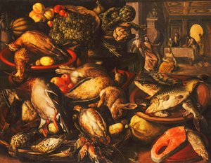 Riistaa, kalaa, hedelmiä ja vihanneksia koreissa ja kulhoissa ruokakomerossa, 1569 tekijältä Joachim Beuckelaer