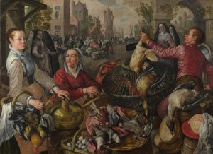 Neljä elementtiä: Siipikarjakoju kaupungissa, jonka takana on tuhlaajapoika - Ilman allegoria, 1569 tekijältä Joachim Beuckelaer
