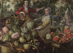 Neljä elementtiä: Maa. Hedelmä- ja vihannesmarkkinat lento Egyptiin taustalla - kirjoittanut Beuckelaer (Beuckelaer), Joachim (1533-1574) - 1569 National Gallery, Lontoo tekijältä Joachim Beuckelaer