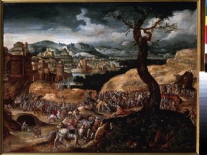 ""Kristuksen kärsimys"" (Kristuksen kärsimys) Nousu Golgatalle. Joachim Patinier (tai Patiner tai Patinir) maalaus (noin 1480-1524) 1500-luvun Pushkin-museo, Moskova tekijältä Joachim Patinir