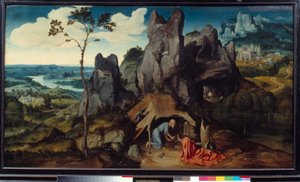 Joachim Patinirin (1485-1524) Pyhä Hieronymus autiomaassa maalaus