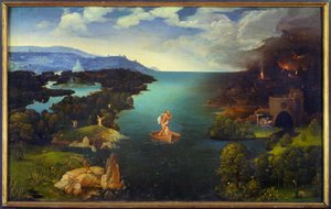 Styx Charonin (Caron) kulku hänen veneessään alamaailmassa. Joachim Patinirin (Skateer) (1485-1524) maalaus (ec.flam.) Sun 0,64x1,03 m Madrid, musee du prado