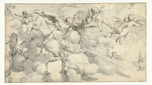 Putti ja enkeli cartouchilla tekijältä Joachim Wtewael (circle of)