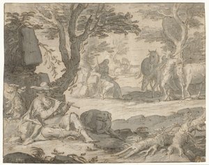 Apollo soittaa huilua hoitaessaan Admetuksen laumaa tekijältä Joachim Wtewael or Utewael