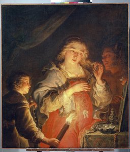 Turhamaisuuden allegoria. Nuori vaaleatukkainen nainen leikkaa hiuksia saksilla miehen pitelemän peilin edessä, lapsi sytyttää hänet taskulampulla. Joachim von Sandrartin (1606-1688) maalaus tänään