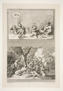 yläpuoli: Joenjumala ja Putti leikkimässä kuuluisuuden symboleilla alaosa: Amorin rangaistus tekijältä Joachim von Sandrart
