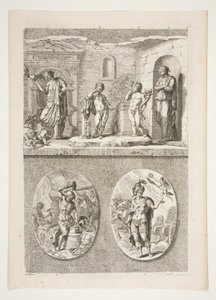 yläpuoli: Neljä antiikkipatsasta alaosa: Forge of Vulcan ja A Victorious Room General tekijältä Joachim von Sandrart