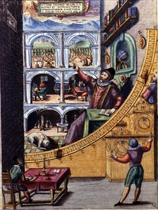 Tanskalainen tähtitieteilijä Tycho Brahe (1546 - 1601) observatoriossaan Uranienburgissa - Atlas Major Ssiven värikaiverrus ja Johannis Blaevin kosmografinen Blavania-työt ja sumptibus
