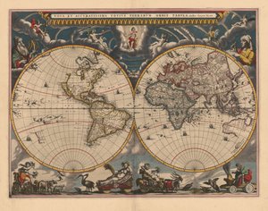 Maailman kaksinkertainen pallonpuoliskon kartta, 1662 tekijältä Joan Blaeu