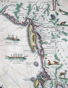Kartta, joka kuvaa Pohjois-Amerikan itärannikkoa tekijältä Joan Blaeu