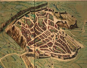 Acquapendenten kartta Theatrum civitatum et admirandorum Italiaesta, kirjoittanut Joan Blaeu, kaiverrus tekijältä Joan Blaeu
