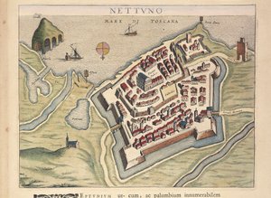 Nettunon kartta, Theatrum civitatum et admirandorum Italiae, Joan Blaeu, kaiverrus tekijältä Joan Blaeu
