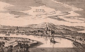 Perspektiivikuva Ostian kaupungista ja satamasta, Lazio, Italia, kuparikaiverrus, n. 278x173 cm tekijältä Joan Blaeu