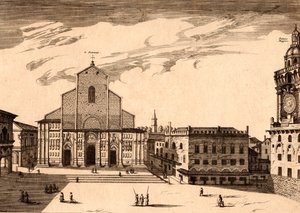 San Petronion basilika Piazza Maggioressa, Bolognassa, Emilia-Romagnassa, Italiassa, kuparikaiverrus, n. 21x29 cm tekijältä Joan Blaeu