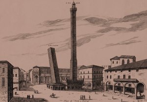 Kaksi tornia (Asinelli ja Garisenda), Bologna, Bologna, Emilia-Romagna, Italia, kuparikaiverrus, n. 21x29 cm tekijältä Joan Blaeu