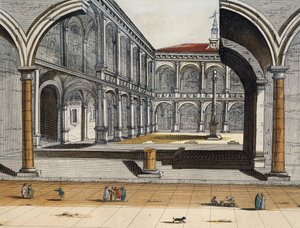 Näkymä vanhan yliopiston sisäpihalle Bolognassa, Joan Blaeu, kaiverrus, Italia tekijältä Joan Blaeu