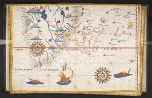 Afrikan kartta päiväntasaajan eteläpuolelta, jossa on osa Intian valtamerestä, lähteestä "An atlas of 17 sea charts by Joan Martines".