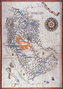 Arabian niemimaan kartta, jossa tuuliruusu ja yksityiskohdat satamista ja meren rannikoista, Atlas de Joan Martinesissa