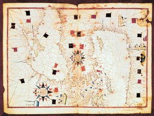 Kartta Välimeren ja Mustanmeren itäosista, käsikirjoitus 1500-luvun portolan-atlasista (käsikirjoitus)