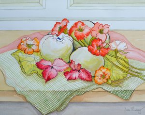 Omenat ja Nasturtium vihreällä ruutukankaalla (akvarelli) tekijältä Joan Thewsey