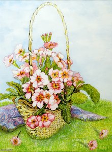 Vaaleanpunaiset esikot kukkakaupan korissa Paisley-huivin kanssa, 2010, akvarelli tekijältä Joan Thewsey