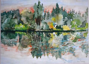 Järvi auringonlaskun aikaan, Bremes les Ardres, 2000, tekijältä Joan Thewsey
