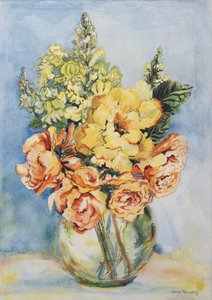 Keltaiset ruusut ja antirrhinums, 2001, (wc käsintehdylle paperille) tekijältä Joan Thewsey