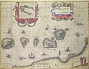 Kartta, jossa näkyvät Halmaheran edustalla sijaitsevat Molukkalaiset saaret, 1640.