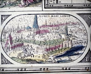 Esitys antiikin seitsemästä ihmeestä: Babylonin puutarhat. Jansson Jannsoniuksen Atlasissa, joka painettiin Amsterdamissa vuonna 1630