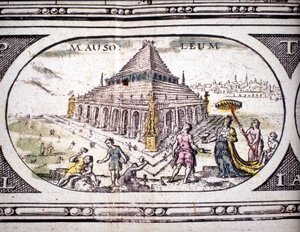 Esitys antiikin seitsemästä ihmeestä: Halikarnassoksen mausoleumi. Jansson Jannsoniuksen Atlas, painettu Amsterdamissa 1630. Yksityiskokoelma.