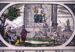 Esitys antiikin seitsemästä ihmeestä: Phidiaan Jupiterin (Zeuksen) patsas - Jansson Jannsoniuksen "Atlas", painettu Amsterdamissa vuonna 1630