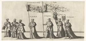 Deel van de optocht, nr. 3 in 4 Begrafenisoptocht van Keizer Karel V, 1558 (sarjan nimi) Upea ja ylellinen hautajaispumppu, joka esitettiin erittäin suuren ja erittäin voittajan keisari Charles Fifthin hautajaisissa ja hautajaisissa, joita juhlittiin Brun 
