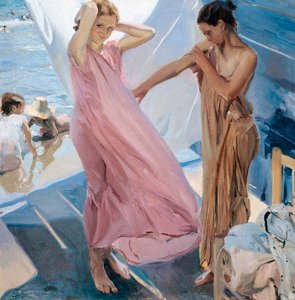 ""Apres le bain"" (kylvyn jälkeen) kaksi nuorta tyttöä, jotka pukeutuvat uimisen jälkeen meressä. Joaquin Sorolla y Bastidan maalaus (1863-1923) - 1909 - Öljy kankaalle - Museo Sorolla Madrid