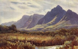 Cape Peninsula, Etelä-Afrikka: Pöytävuori Cape Flatsista (väri litho) tekijältä Joaquin Xaudaru y Echau