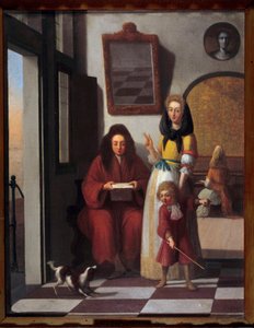 Genrekohtaus Perhe sisätiloissa. Äiti pitää poikansa leikkimässä koiran kanssa. Job Berckheyden (1630-1696) maalaus 1600-luvun Avignon, Calvet Museum