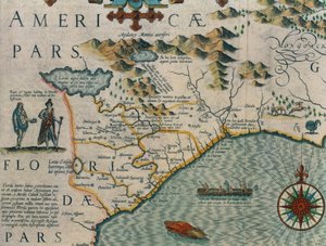 Pohjois-Carolinan rannikko, yksityiskohta kartasta Virginiae item et Floridae Mercatorin Atlas... vuodelta 1606, julkaisija Jodocus Hondius, 1619, käsin väritetty kaiverrus, ks. myös 66818, 81957 ja 81958.